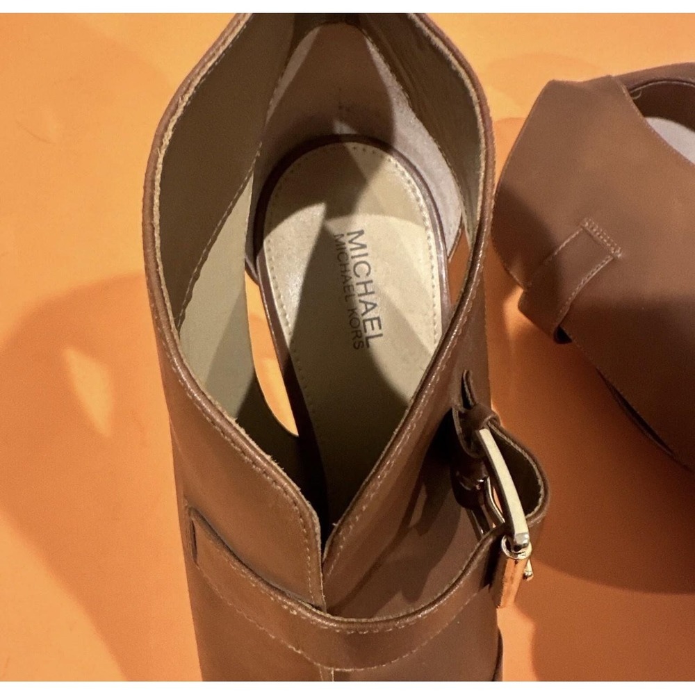 MICHAEL Michael Kors Brown Leather Peep-Toe Ankle Booties with Gold Buckle - Picture 8 of 9
